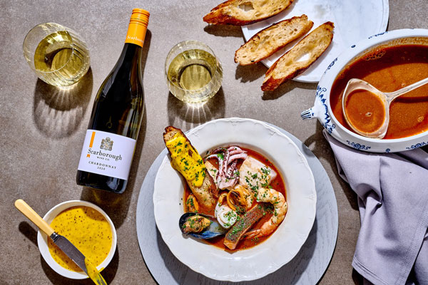 Bouillabaisse of Fish, Prawns, Calamari and Mussels with Rouille and Croutons 