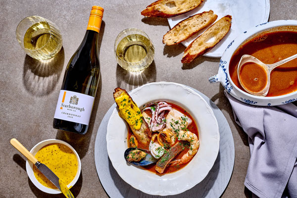 Bouillabaisse of Fish, Prawns, Calamari and Mussels with Rouille and Croutons 